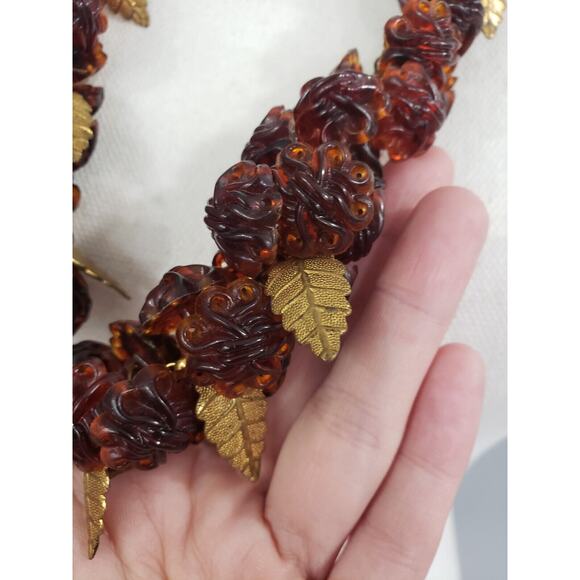 Vintage Celluloid Plastic Faux Tortoise Shell Leaf Flower Bloom Bead Necklace - Picture 5 of 9